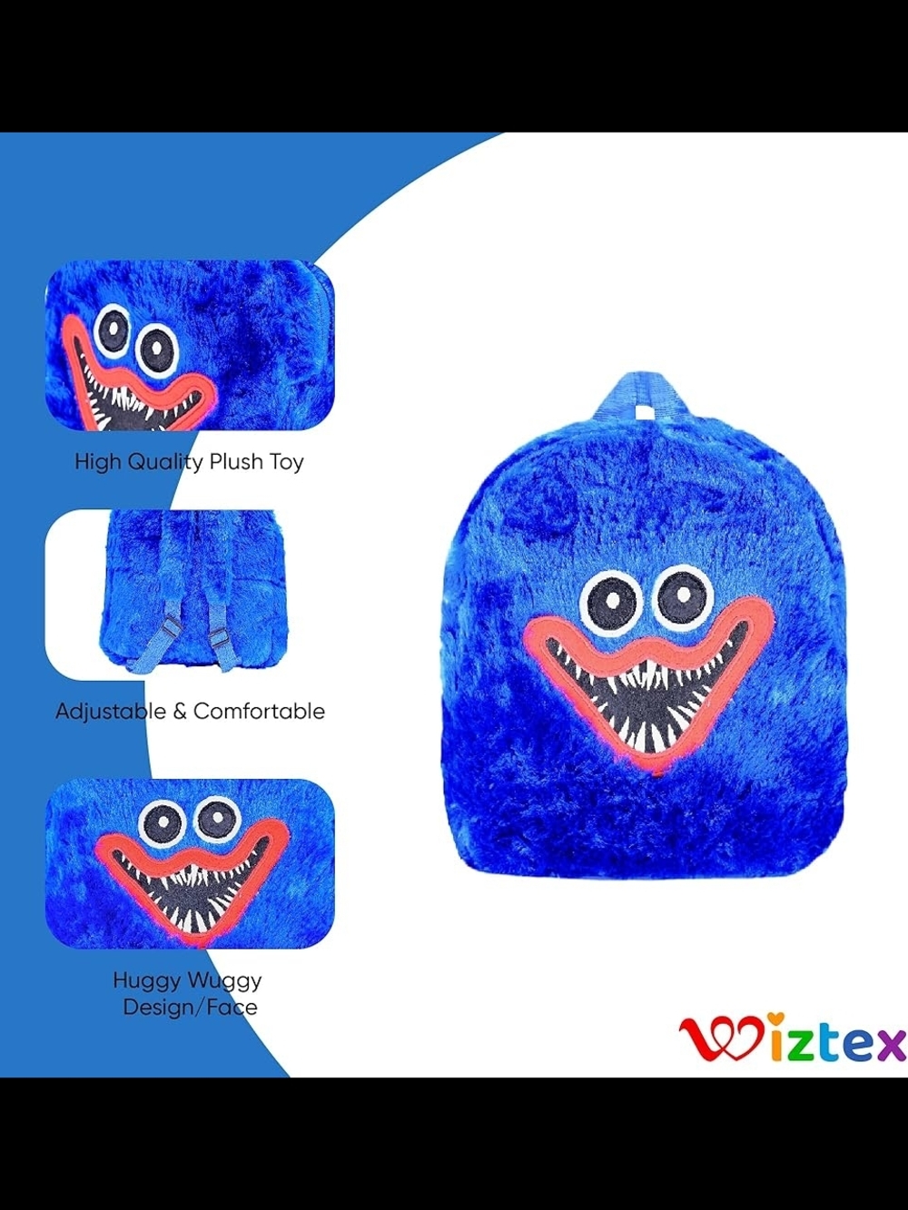 Huggy Wuggy Blue Fuzzy Character Backpack with Red Mouth Accent Backpack - Picture 4 of 5